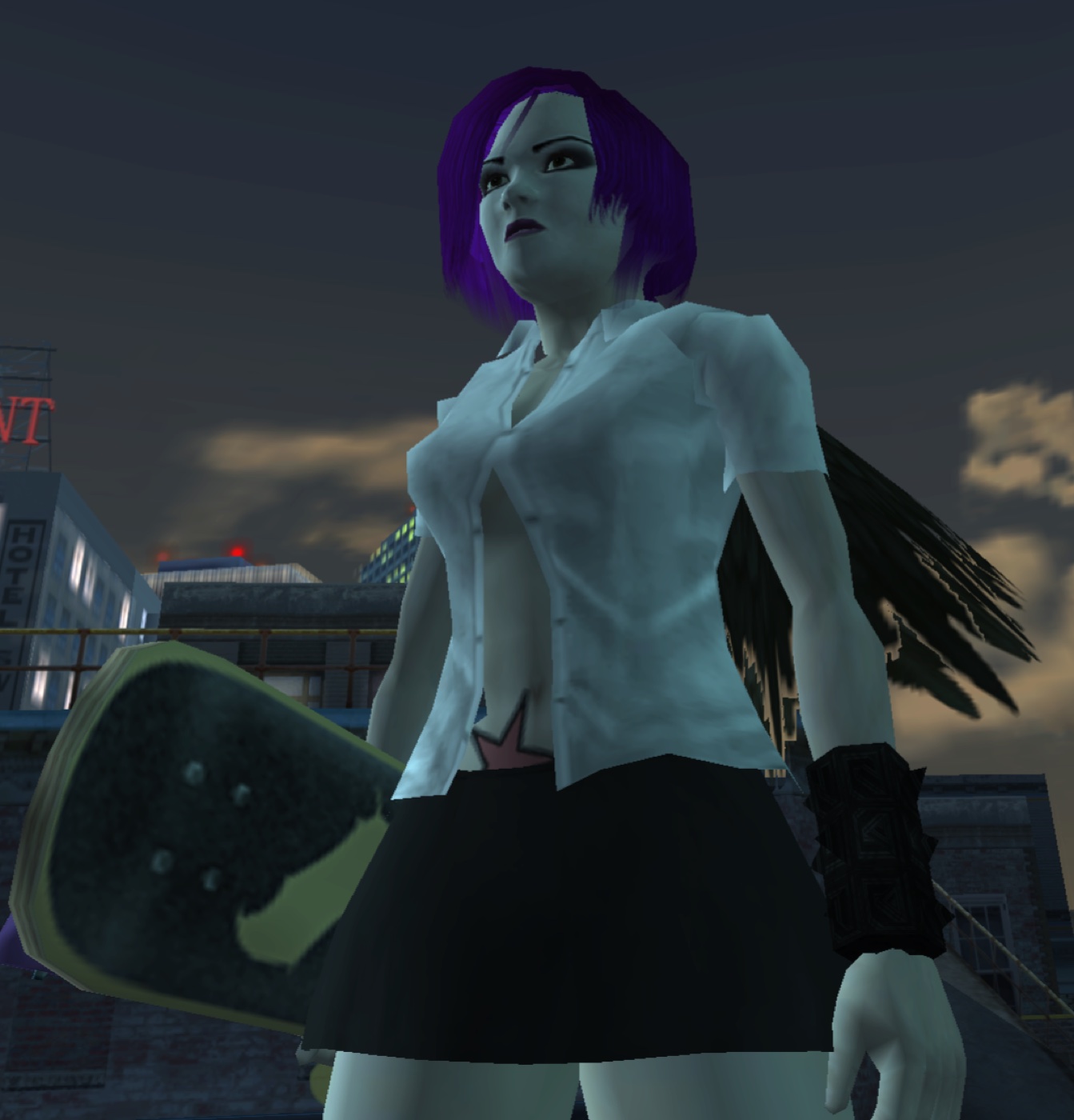 Violet Vandal — the edition's goth skater, board in hand, on a rooftop at dusk