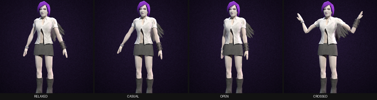 Four studio poses of the Violet Vandal skater: relaxed, casual, open, crossed